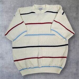 Vintage Cuddle Knit Cream Stripe Short Sleeve Knit Sweater Large Made in USA NWT